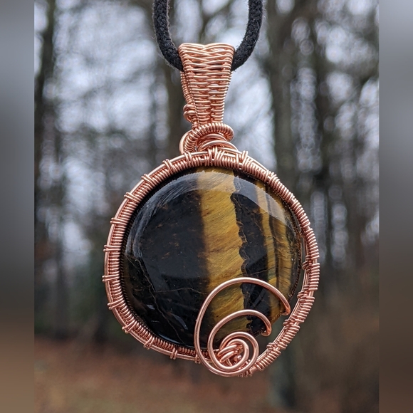 Handmade Tigers Eye Pendant Necklace Wrapped In Copper Wire - Picture 15 of 17